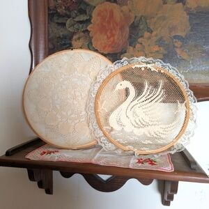 Primitive Country Swan Embroidery Hoop Art Doily Lace Cottagecore Vintage Set 2
